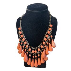 Bold Coral Multi-Strand Necklace Faceted Teardrop Bead Bib Career Statement